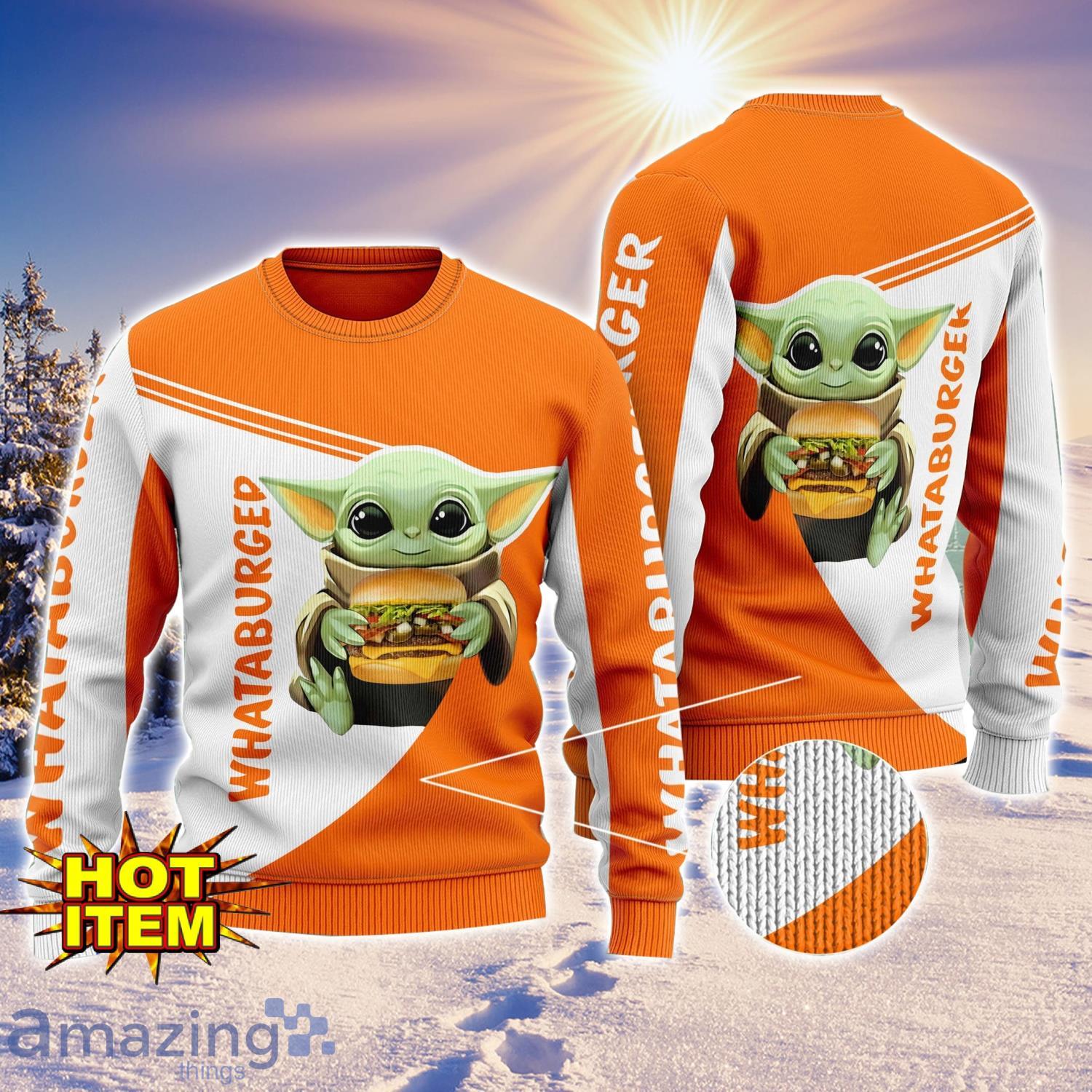Baby Yoda Whataburger AOP Ugly Christmas Sweater Unisex For Men And Women image Baby Yoda Whataburger AOP Ugly Christmas Sweater Unisex For Men And Women Product Photo 1