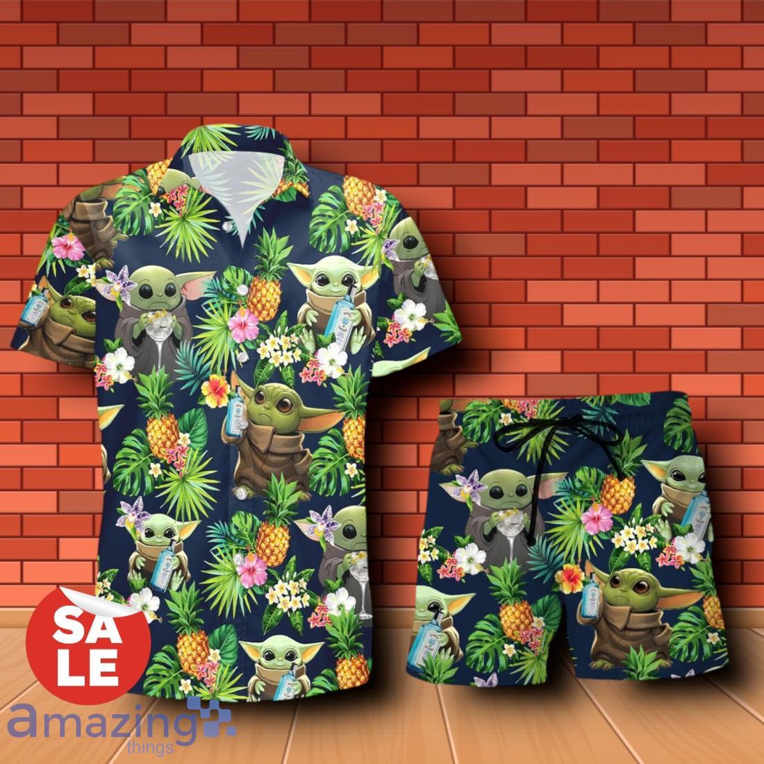 Bombay Sapphire Baby Yoda Tropical Flowery Hawaiian Shirt & Short image Bombay Sapphire Baby Yoda Tropical Flowery Hawaiian Shirt & Short Product Photo 1