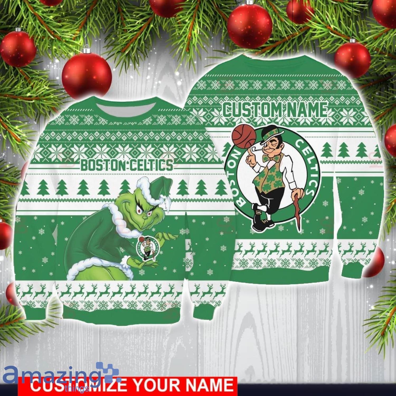 Boston Celtics Grinch With Logo Ugly Christmas Sweater Custom Name For Fans image Boston Celtics Grinch With Logo Ugly Christmas Sweater Custom Name For Fans Product Photo 1