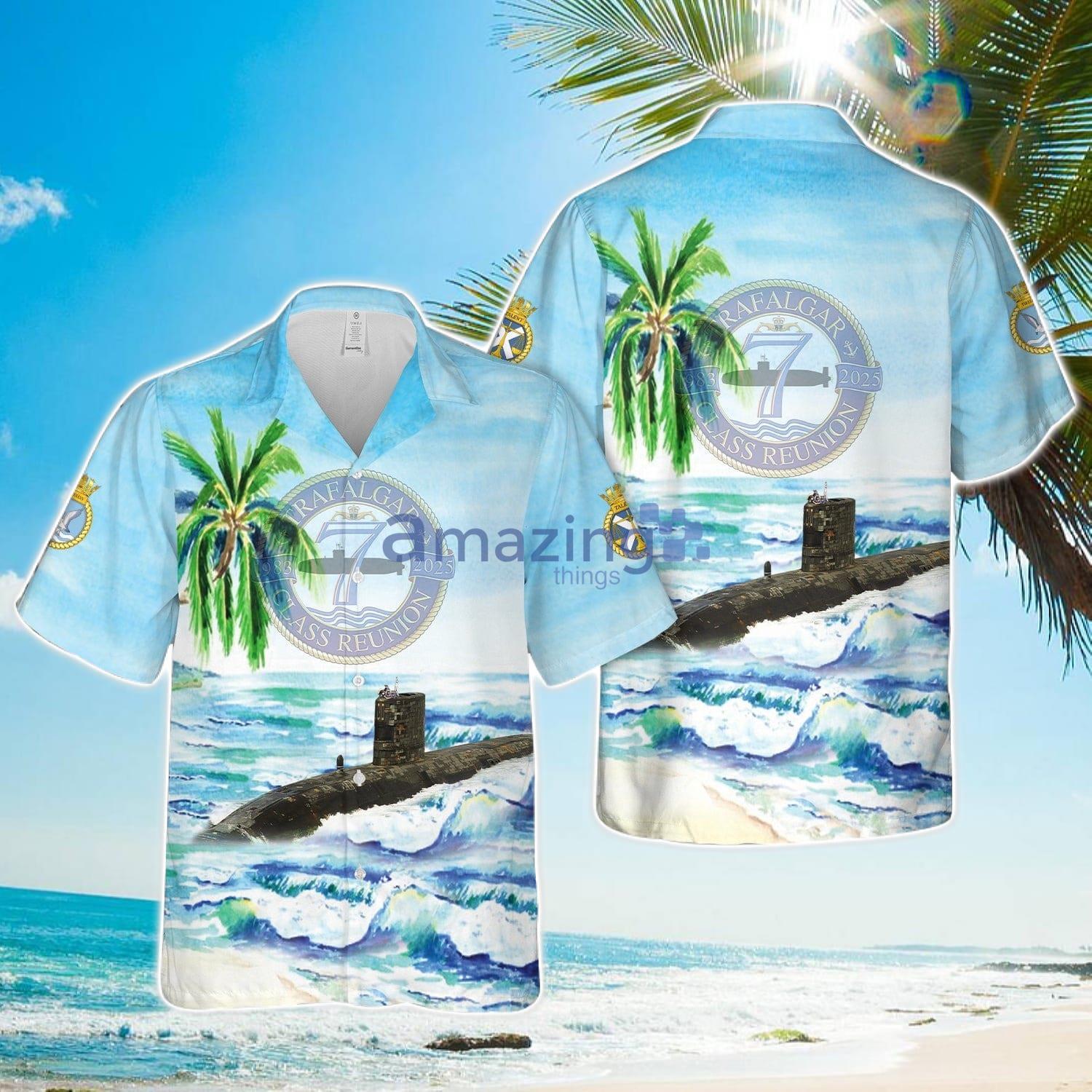 British Royal Navy Trafalgar Class Submarine Blue Hawaiian Shirt Summer Holiday Gift image British Royal Navy Trafalgar Class Submarine Blue Hawaiian Shirt Summer Holiday Gift Product Photo 1