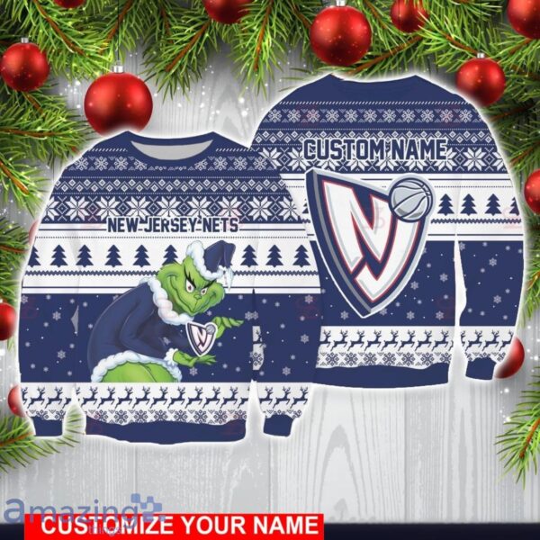 Brooklyn Nets Grinch With Logo Ugly Christmas Sweater Custom Name For Fans Product Photo 1
