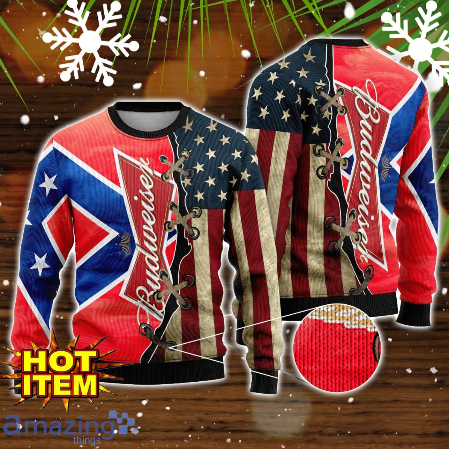 Budweiser USA Flag All Over Print 3D Ugly Christmas Sweater Unique Gift For Christmas image Budweiser USA Flag All Over Print 3D Ugly Christmas Sweater Unique Gift For Christmas Product Photo 1
