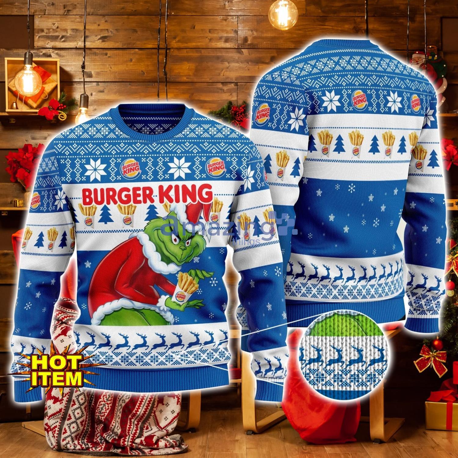 Burger King Grinch Hug Logo Ugly Christmas Sweater Christmas Gift For Men And Women image Burger King Grinch Hug Logo Ugly Christmas Sweater Christmas Gift For Men And Women Product Photo 1