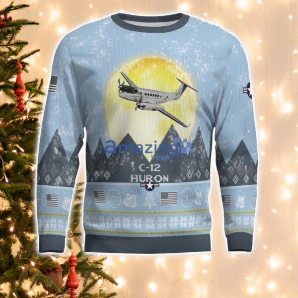 C-12 Huron C12 Light Blue Aircraft Moonlight 3D Ugly Christmas Sweater Christmas Gift Product Photo 2