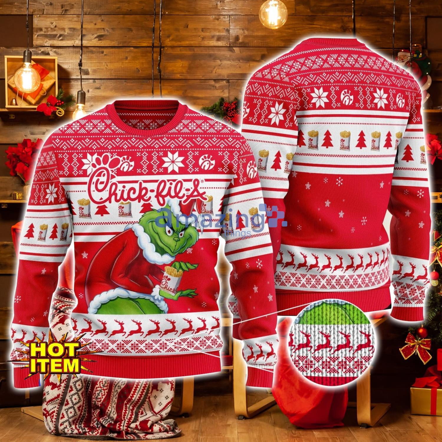 Chick fil A Grinch Hug Logo Ugly Christmas Sweater Christmas Gift For Men And Women image Chick-fil-A Grinch Hug Logo Ugly Christmas Sweater Christmas Gift For Men And Women Product Photo 1