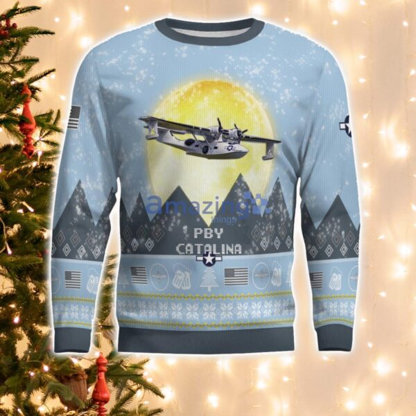 Consolidated PBY Catalina Light Blue Aircraft Moonlight 3D Ugly Christmas Sweater Christmas Gift Product Photo 2