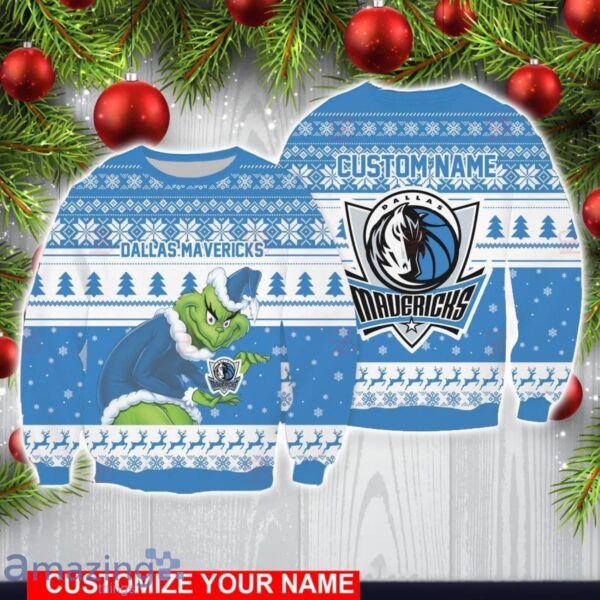 Dallas Mavericks Grinch With Logo Ugly Christmas Sweater Custom Name For Fans Product Photo 1