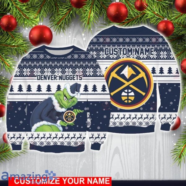 Denver Nuggets Grinch With Logo Ugly Christmas Sweater Custom Name For Fans Product Photo 1