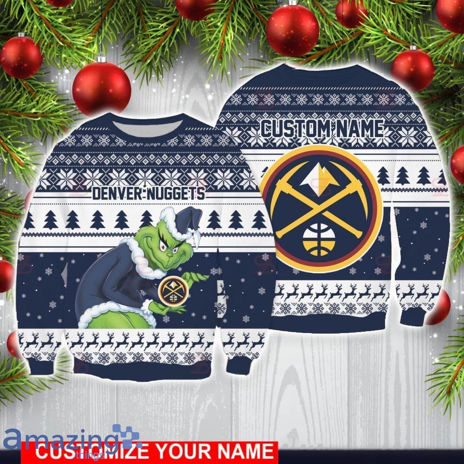 Denver Nuggets Grinch With Logo Ugly Christmas Sweater Custom Name For Fans image Denver Nuggets Grinch With Logo Ugly Christmas Sweater Custom Name For Fans Product Photo 1