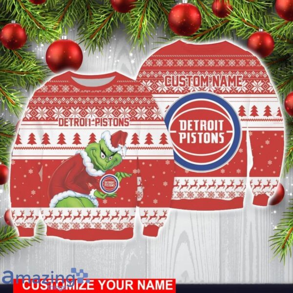 Detroit Pistons Grinch With Logo Ugly Christmas Sweater Custom Name For Fans Product Photo 1