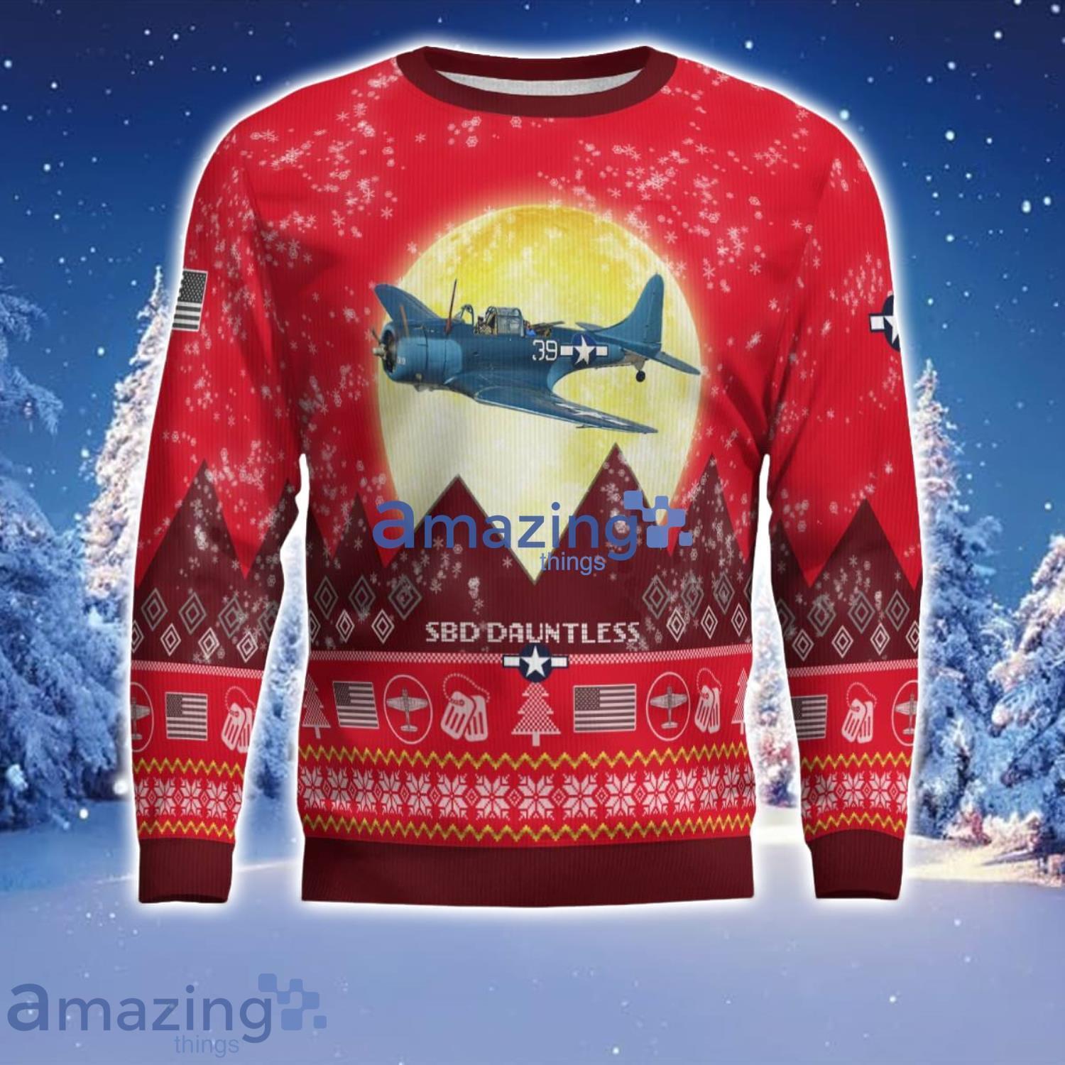 Douglas SBD Dauntless Aircraft Moonlight Red Color Ugly Christmas Sweater Christmas Gift image Douglas SBD Dauntless Aircraft Moonlight Red Color Ugly Christmas Sweater Christmas Gift Product Photo 2
