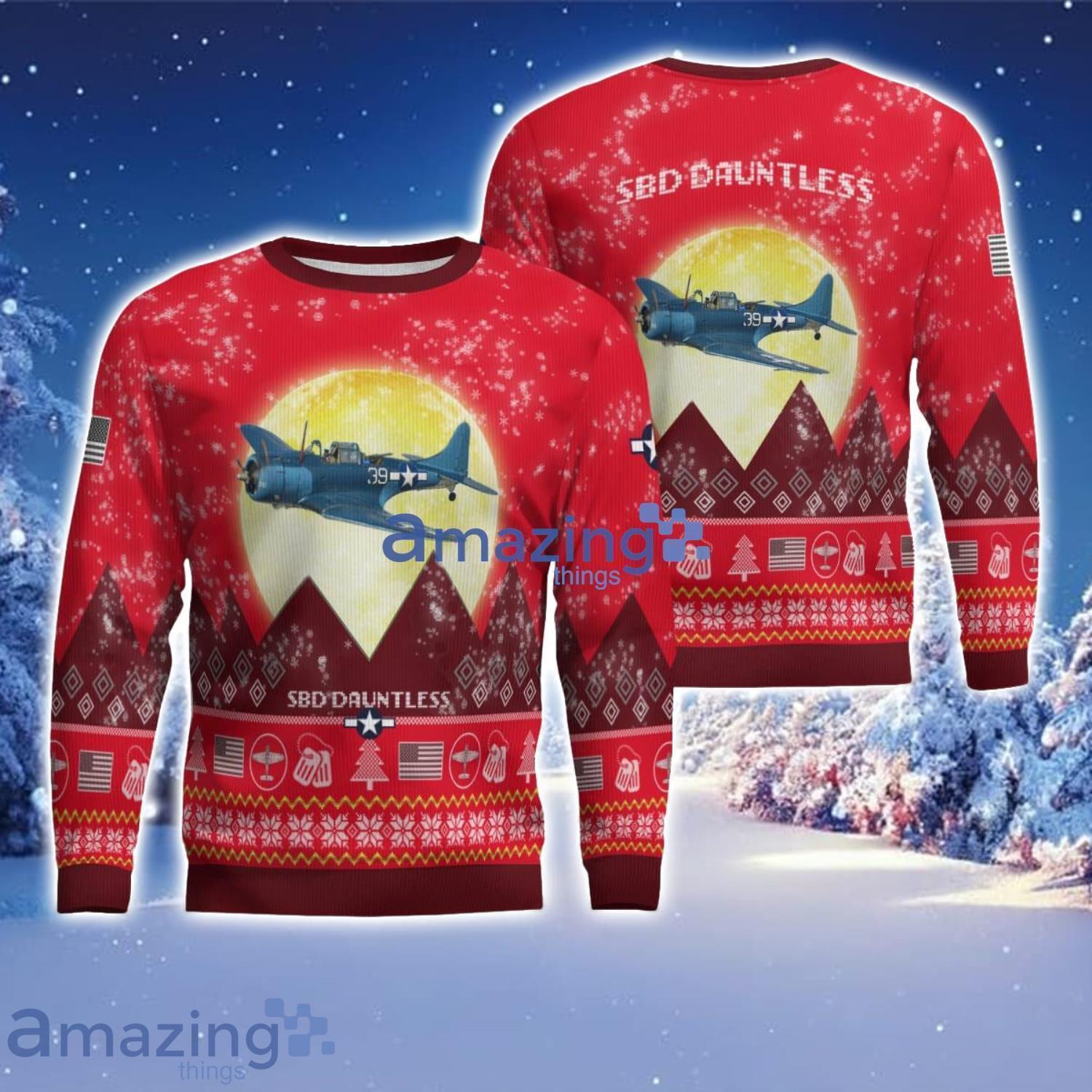 Douglas SBD Dauntless Aircraft Moonlight Red Color Ugly Christmas Sweater Christmas Gift image Douglas SBD Dauntless Aircraft Moonlight Red Color Ugly Christmas Sweater Christmas Gift Product Photo 1