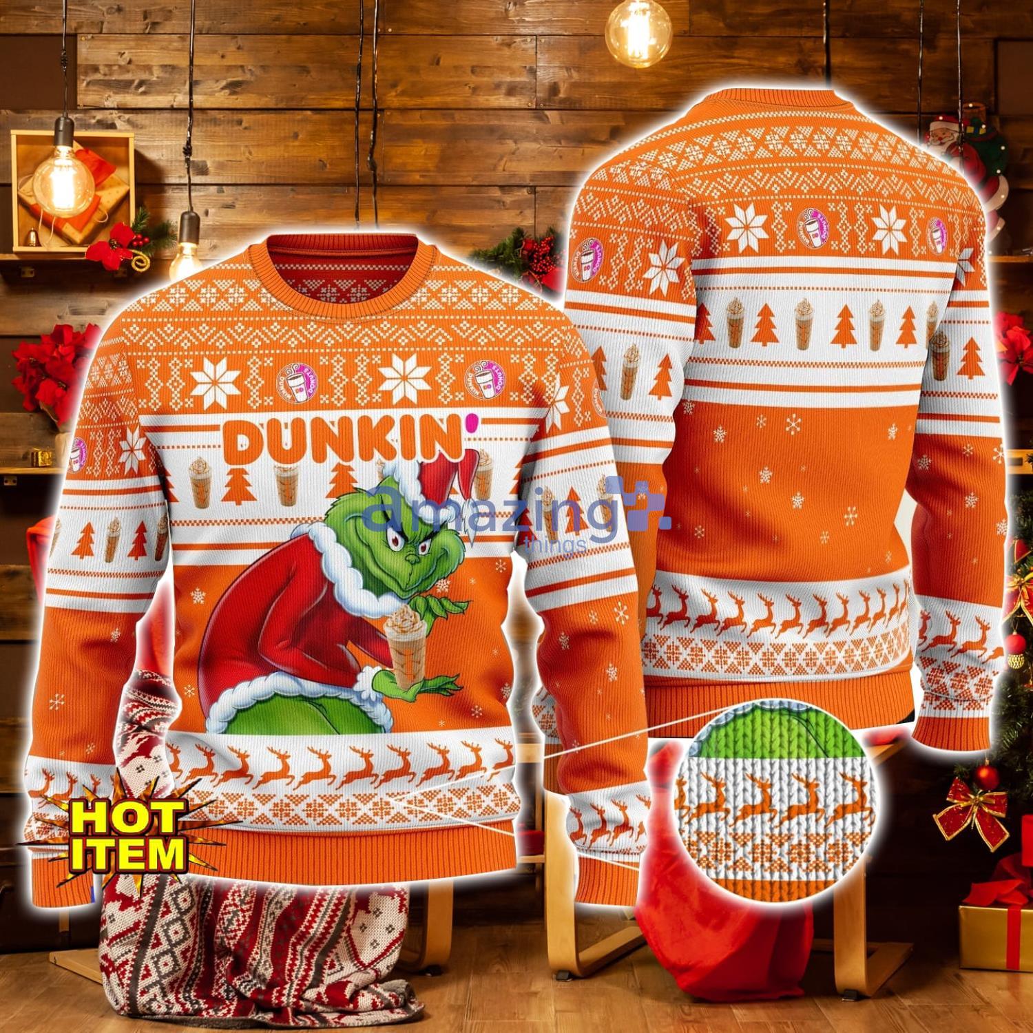 Dunkin Donuts Grinch Hug Logo Ugly Christmas Sweater Christmas Gift For Men And Women image Dunkin Donuts Grinch Hug Logo Ugly Christmas Sweater Christmas Gift For Men And Women Product Photo 1