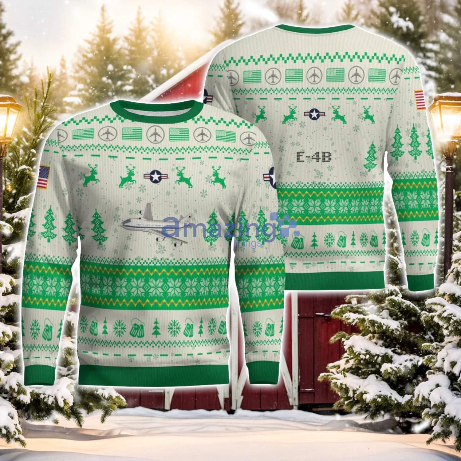 E 4B E4B Green Color AOP Aircraft Ugly Christmas Sweater All Printed Sweater image E-4B E4B Green Color AOP Aircraft Ugly Christmas Sweater All Printed Sweater Product Photo 1