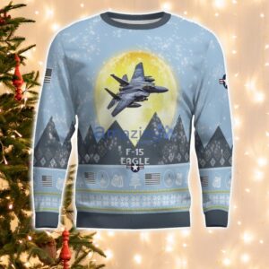 F-15 Eagle F15 Light Blue Aircraft Moonlight 3D Ugly Christmas Sweater Christmas Gift Product Photo 2