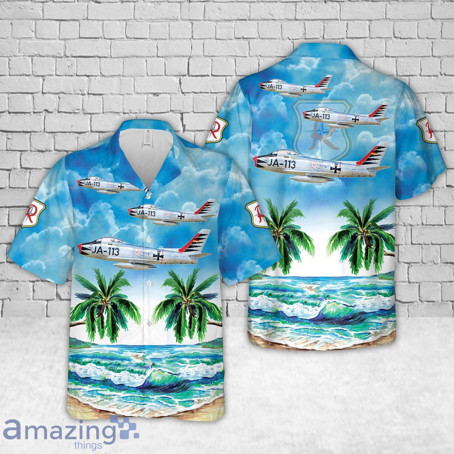 German Air Force Canadair CL 13 Mk.6 Sabre, Jagdgeschwader 71 (JG 71) Richthofen, JA+113, Luftwaffe Wittmundhafen Air Base Hawaiian Shirt image German Air Force Canadair CL-13 Mk.6 Sabre, Jagdgeschwader 71 (JG 71) Richthofen, JA+113, Luftwaffe Wittmundhafen Air Base Hawaiian Shirt Product Photo 1
