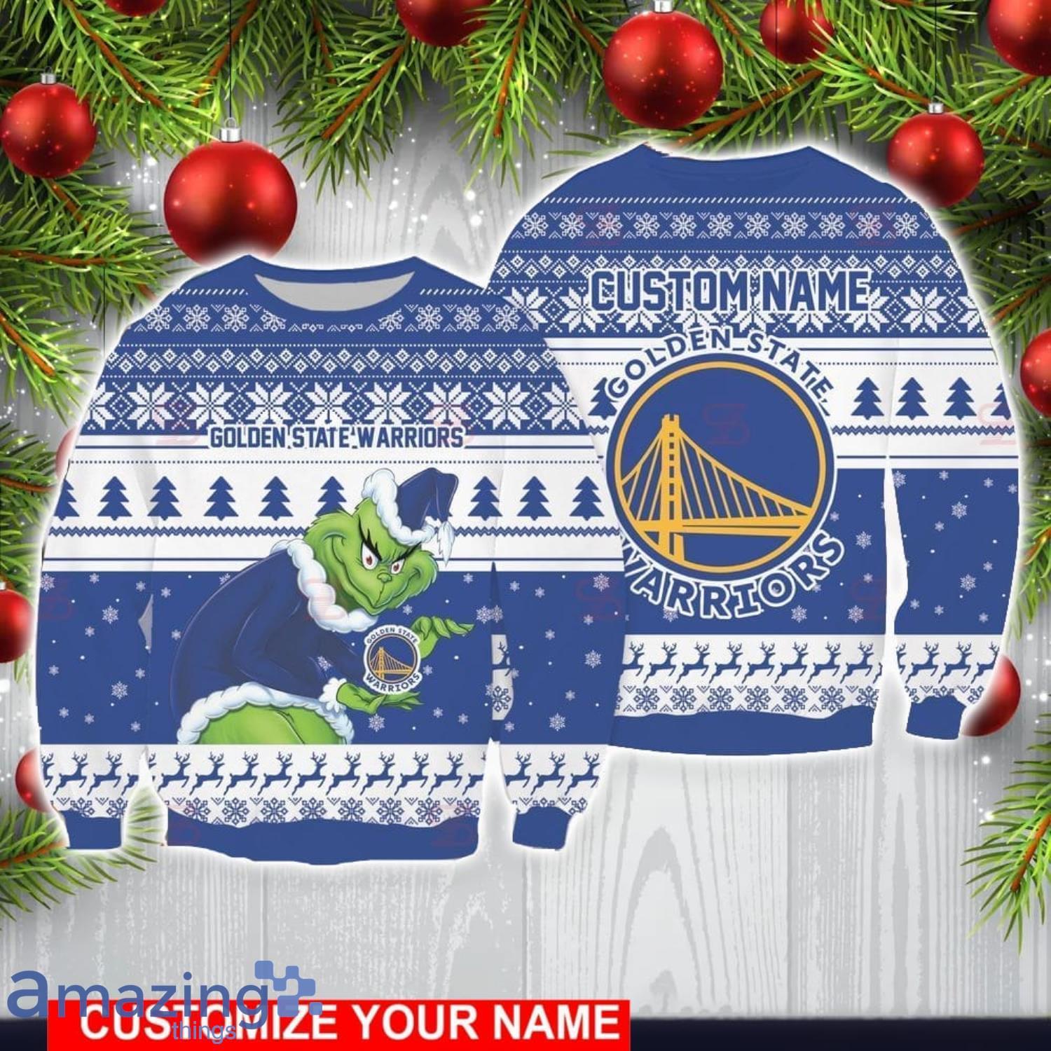 Golden State Warriors Grinch With Logo Ugly Christmas Sweater Custom Name For Fans image Golden State Warriors Grinch With Logo Ugly Christmas Sweater Custom Name For Fans Product Photo 1