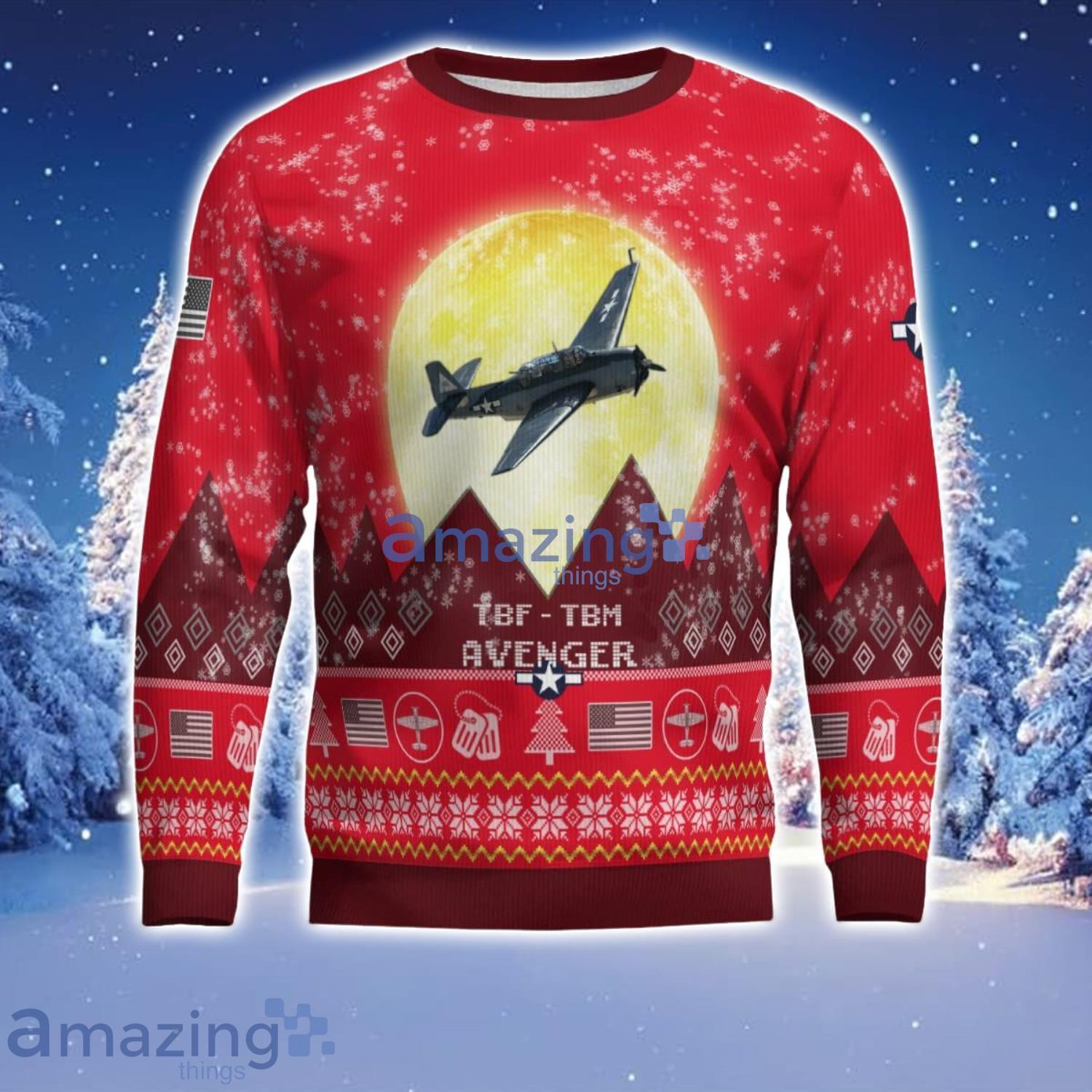 Grumman TBF TBM Avenger Aircraft Moonlight Red Color Ugly Christmas Sweater Christmas Gift image Grumman TBF - TBM Avenger Aircraft Moonlight Red Color Ugly Christmas Sweater Christmas Gift Product Photo 2