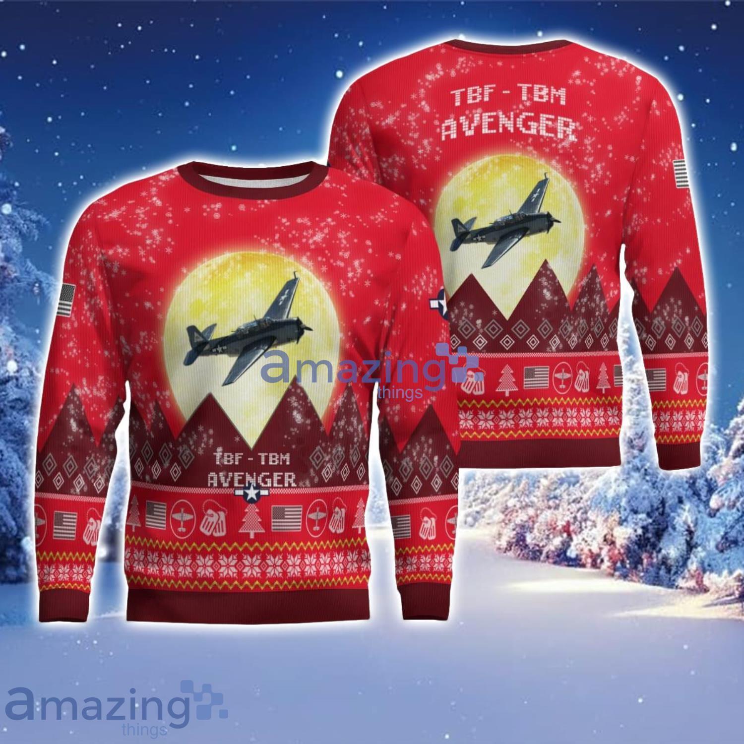 Grumman TBF TBM Avenger Aircraft Moonlight Red Color Ugly Christmas Sweater Christmas Gift image Grumman TBF - TBM Avenger Aircraft Moonlight Red Color Ugly Christmas Sweater Christmas Gift Product Photo 1