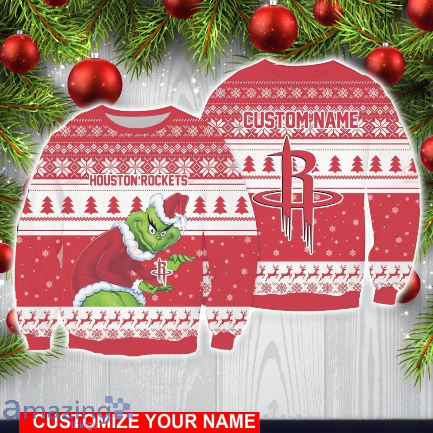 Houston Rockets Grinch With Logo Ugly Christmas Sweater Custom Name For Fans image Houston Rockets Grinch With Logo Ugly Christmas Sweater Custom Name For Fans Product Photo 1
