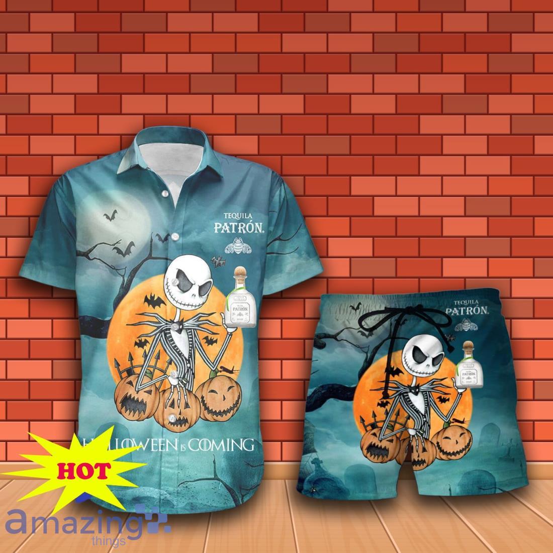 Jack Skellington Halloween Patron Tequila Hawaiian Shirt & Short image Jack Skellington Halloween Patron Tequila Hawaiian Shirt & Short Product Photo 1