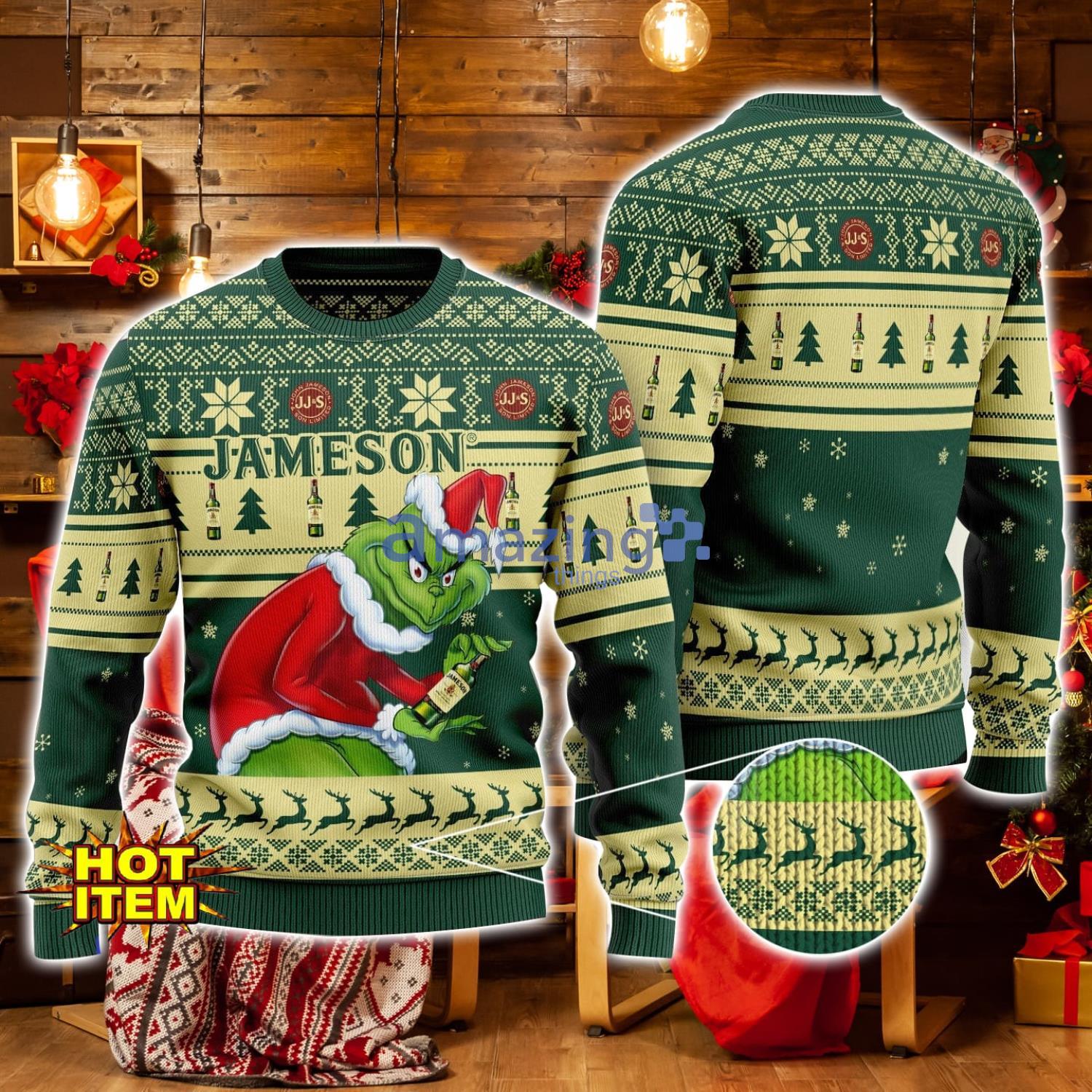 Jameson Irish Whiskey Grinch Hug Logo Ugly Christmas Sweater Christmas Gift For Men And Women image Jameson Irish Whiskey Grinch Hug Logo Ugly Christmas Sweater Christmas Gift For Men And Women Product Photo 1