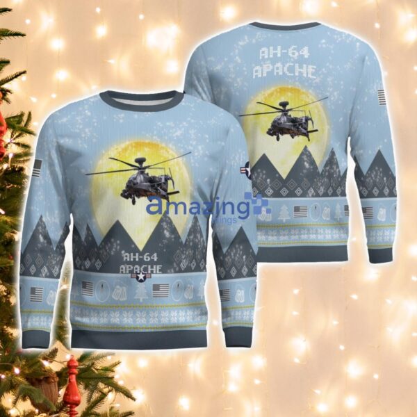 AH-64 Apache AH64 Light Blue Aircraft Moonlight 3D Ugly Christmas Sweater Christmas Gift Product Photo 1