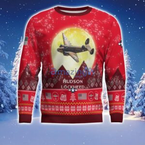 Lockheed Hudson WWII Aircraft Moonlight Red Color Ugly Christmas Sweater Christmas Gift Product Photo 2
