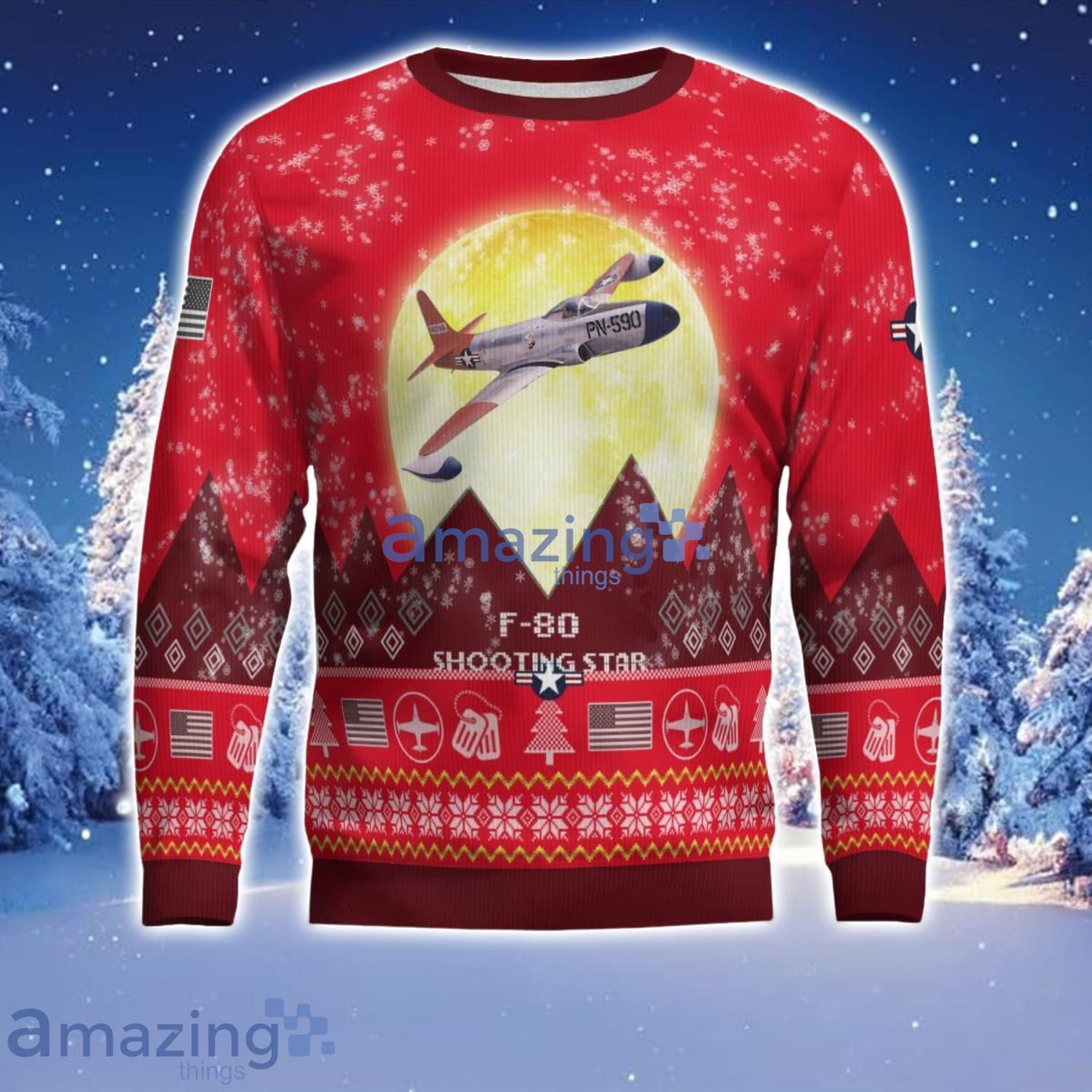 Lockheed P 80 Shooting Star P80 F80 Aircraft Moonlight Red Color Ugly Christmas Sweater Christmas Gift image Lockheed P-80 Shooting Star P80 F80 Aircraft Moonlight Red Color Ugly Christmas Sweater Christmas Gift Product Photo 2