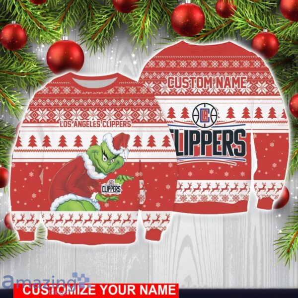 Los Angeles Clippers Grinch With Logo Ugly Christmas Sweater Custom Name For Fans Product Photo 1