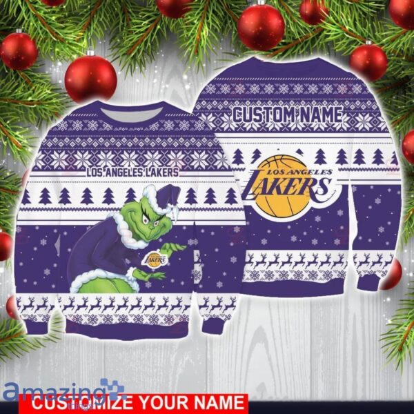 Los Angeles Lakers Grinch With Logo Ugly Christmas Sweater Custom Name For Fans Product Photo 1