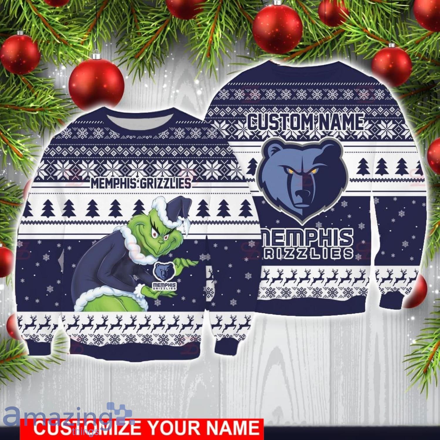 Memphis Grizzlies Grinch With Logo Ugly Christmas Sweater Custom Name For Fans image Memphis Grizzlies Grinch With Logo Ugly Christmas Sweater Custom Name For Fans Product Photo 1