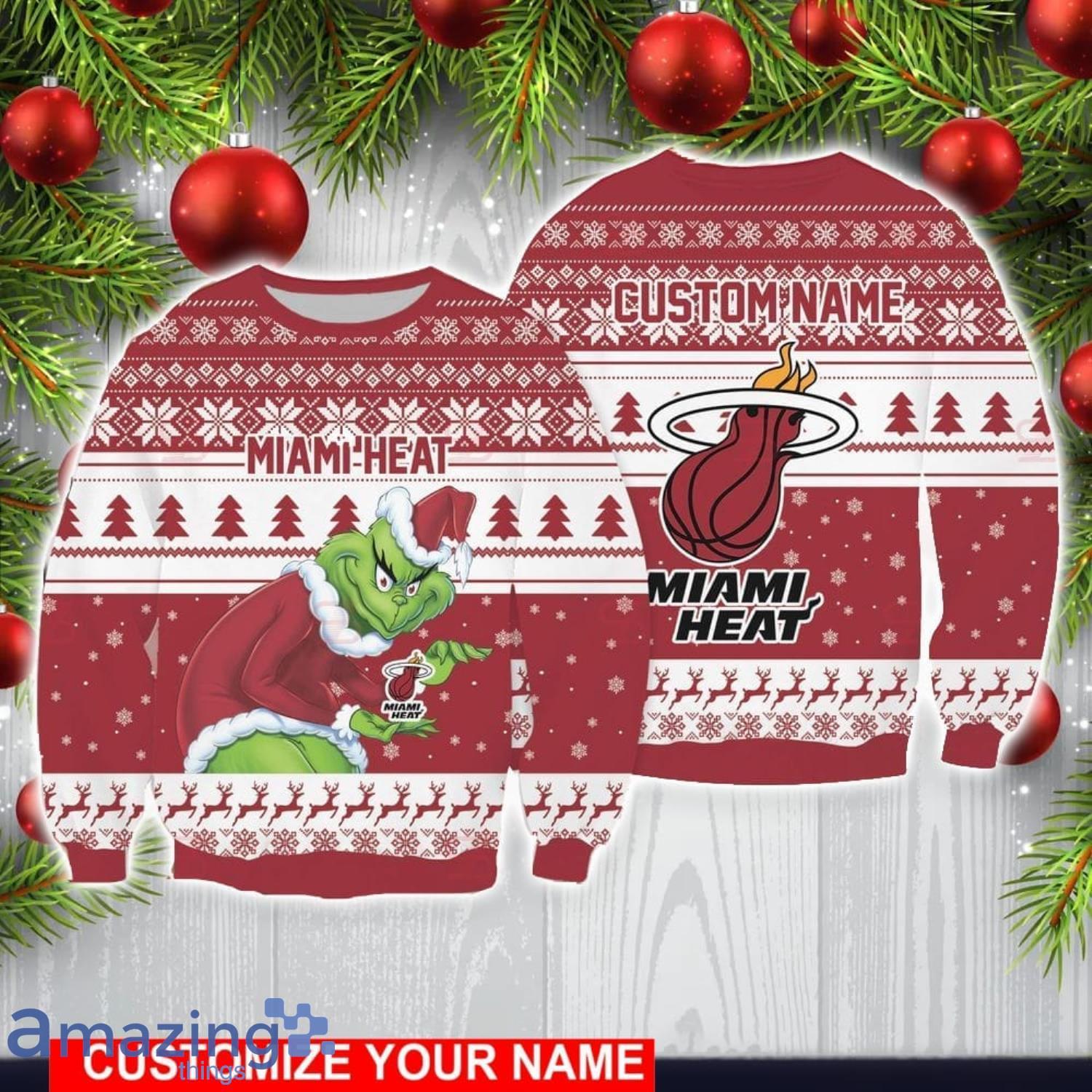 Miami Heat Grinch With Logo Ugly Christmas Sweater Custom Name For Fans image Miami Heat Grinch With Logo Ugly Christmas Sweater Custom Name For Fans Product Photo 1