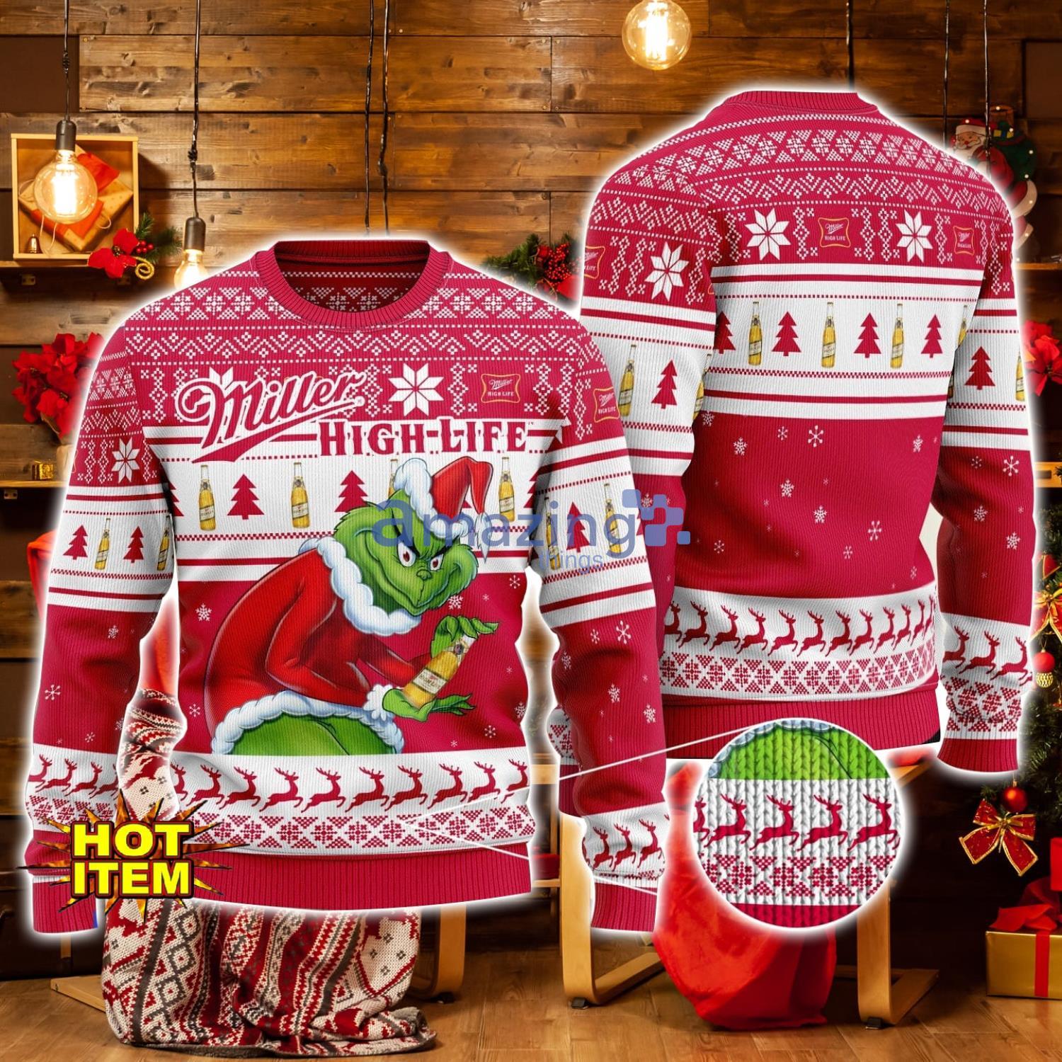 Miller High Life Grinch Hug Logo Ugly Christmas Sweater Christmas Gift For Men And Women image Miller High Life Grinch Hug Logo Ugly Christmas Sweater Christmas Gift For Men And Women Product Photo 1