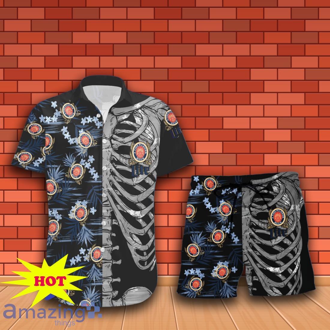 Miller Lite Button Skeleton Hawaiian Shirt And Short Gift Ideas For Men Women image Miller Lite Button Skeleton Hawaiian Shirt And Short Gift Ideas For Men Women Product Photo 2