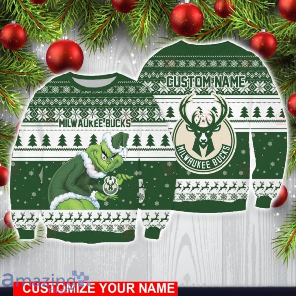 Milwaukee Bucks Grinch With Logo Ugly Christmas Sweater Custom Name For Fans Product Photo 1