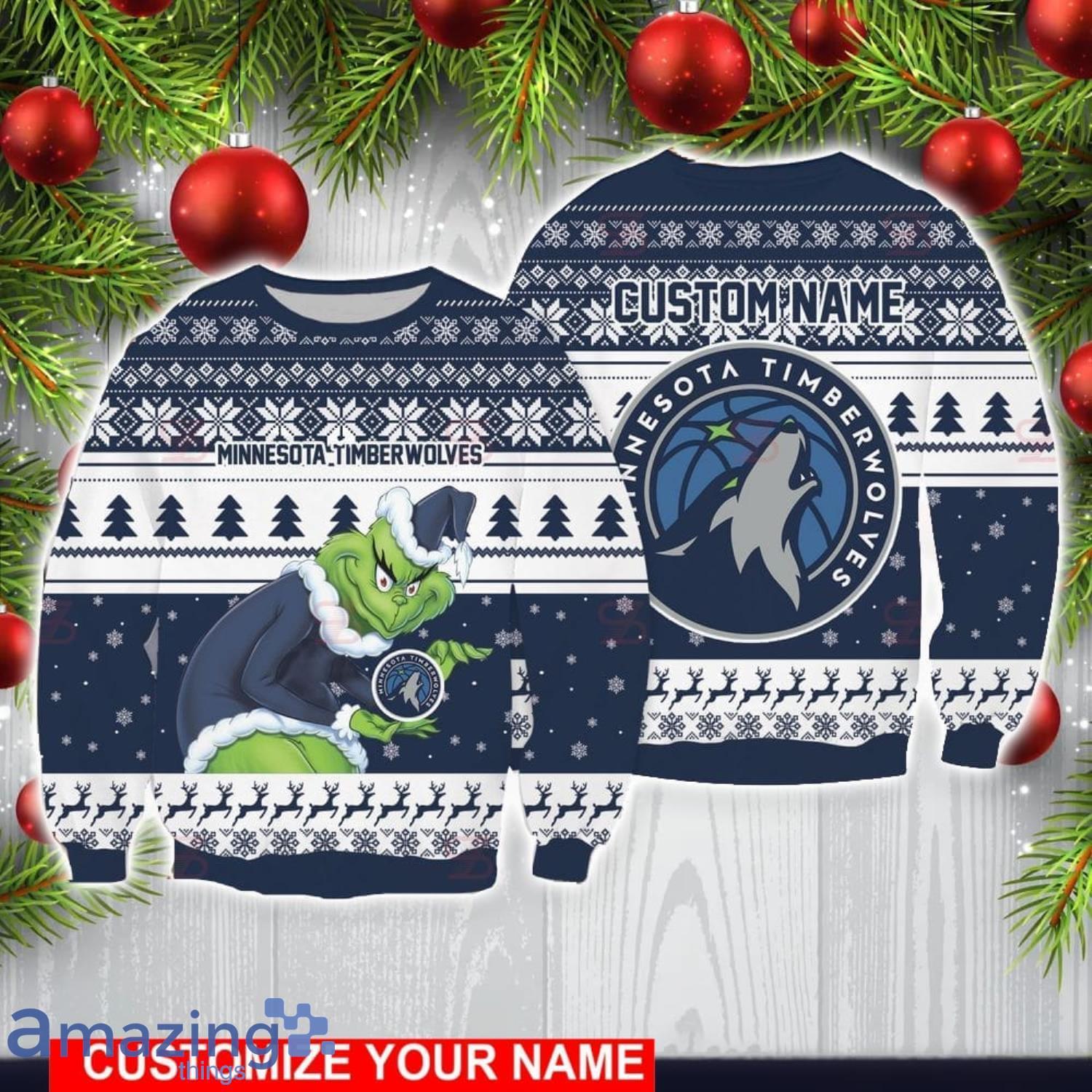 Minnesota Timberwolves Grinch With Logo Ugly Christmas Sweater Custom Name For Fans image Minnesota Timberwolves Grinch With Logo Ugly Christmas Sweater Custom Name For Fans Product Photo 1