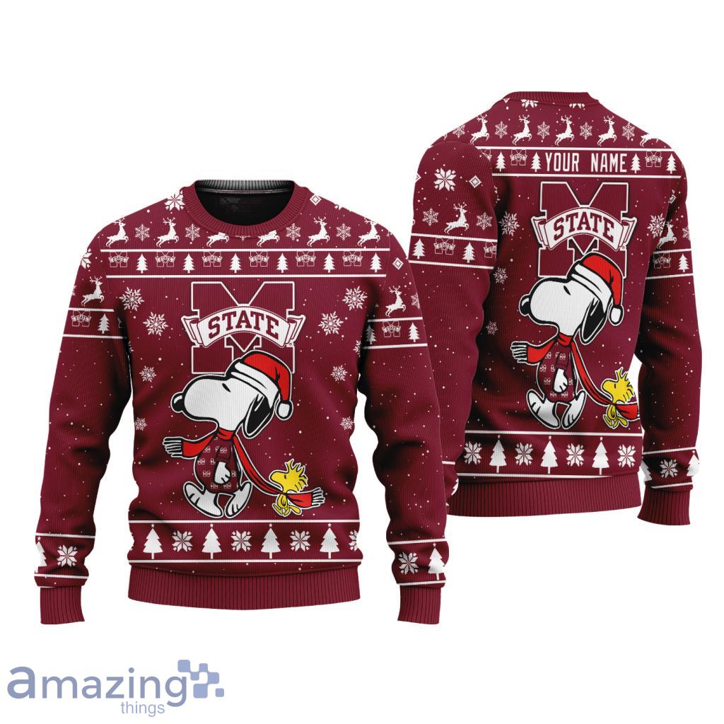 Mississippi State Bulldogs NCAA Football Snoopy And Woodstock Christmas Ugly Sweater 3D image Mississippi State Bulldogs NCAA Football Snoopy And Woodstock Christmas Ugly Sweater 3D Product Photo 1