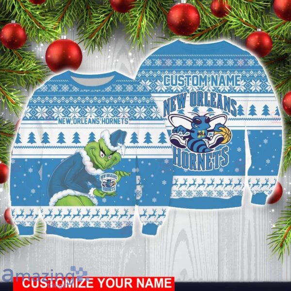 New Orleans Hornets Grinch With Logo Ugly Christmas Sweater Custom Name For Fans Product Photo 1