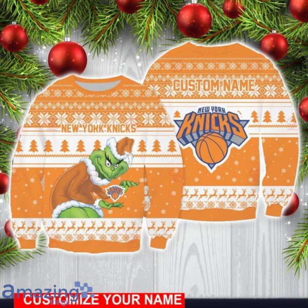 New York Knicks Grinch With Logo Ugly Christmas Sweater Custom Name For Fans Product Photo 1