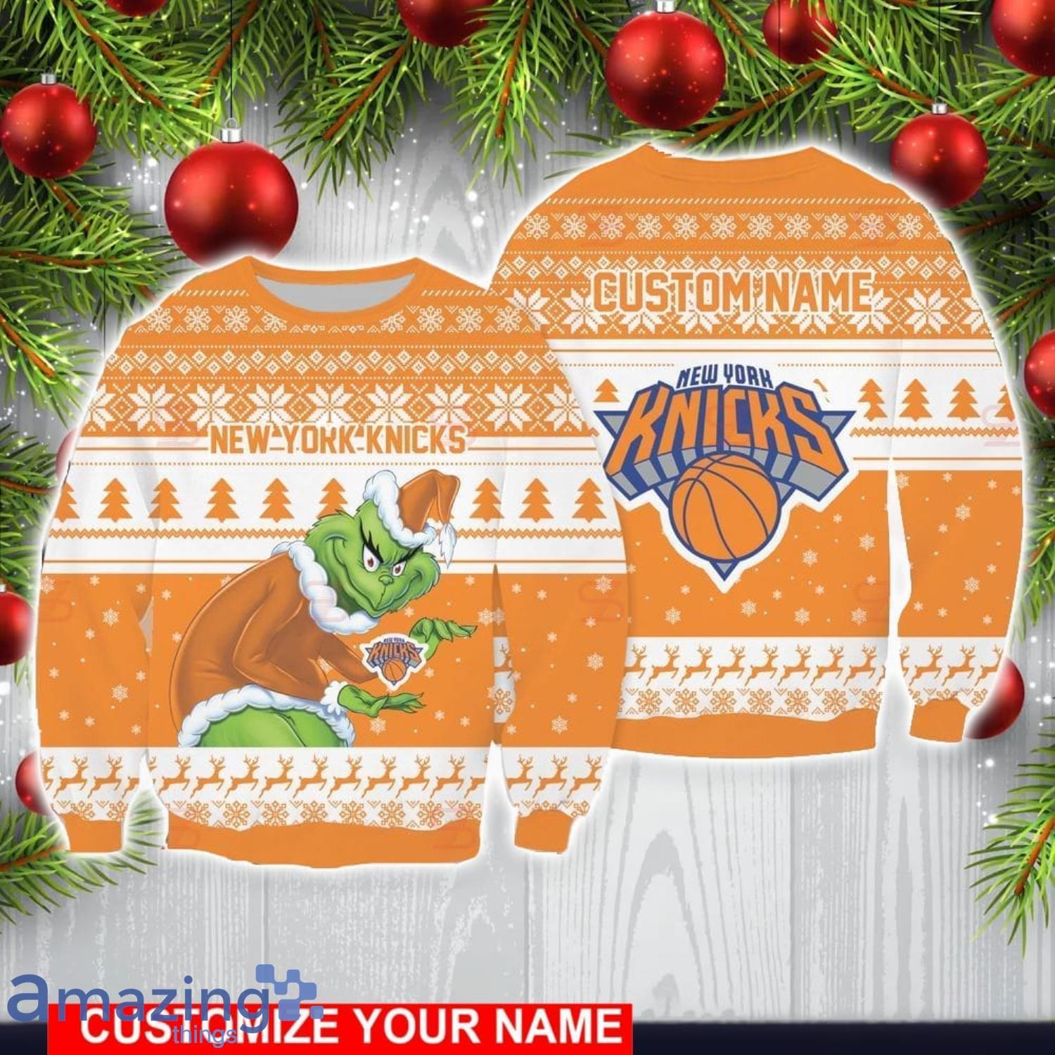 New York Knicks Grinch With Logo Ugly Christmas Sweater Custom Name For Fans image New York Knicks Grinch With Logo Ugly Christmas Sweater Custom Name For Fans Product Photo 1
