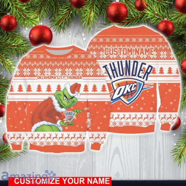 Oklahoma City Thunder Grinch With Logo Ugly Christmas Sweater Custom Name For Fans Product Photo 1