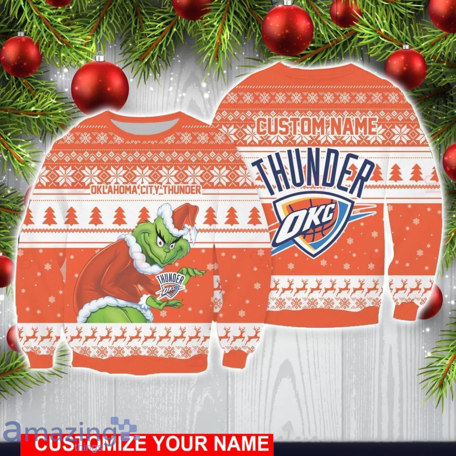 Oklahoma City Thunder Grinch With Logo Ugly Christmas Sweater Custom Name For Fans image Oklahoma City Thunder Grinch With Logo Ugly Christmas Sweater Custom Name For Fans Product Photo 1