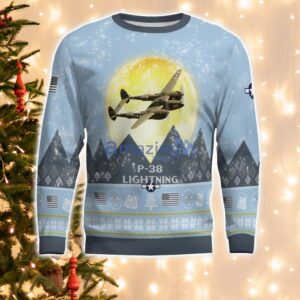 P-38 Lightning P38 Light Blue Aircraft Moonlight 3D Ugly Christmas Sweater Christmas Gift Product Photo 2