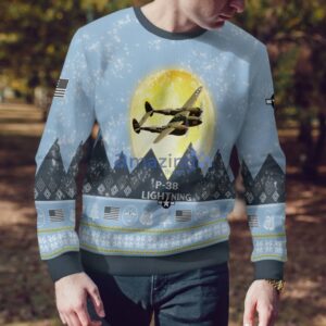 P-38 Lightning P38 Light Blue Aircraft Moonlight 3D Ugly Christmas Sweater Christmas Gift Product Photo 4