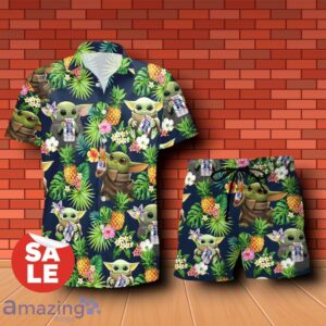 Pabst Blue Ribbon Beer Baby Yoda Tropical Flowery Hawaiian Shirt & Short Product Photo 1