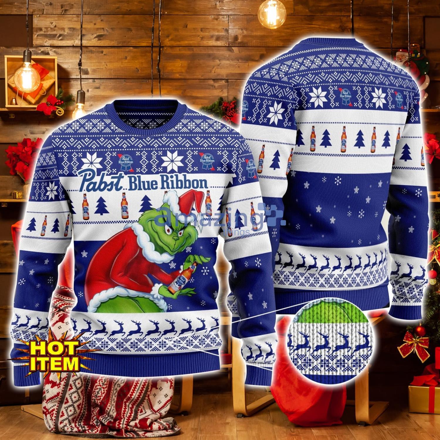 Pabst Blue Ribbon Grinch Hug Logo Ugly Christmas Sweater Christmas Gift For Men And Women image Pabst Blue Ribbon Grinch Hug Logo Ugly Christmas Sweater Christmas Gift For Men And Women Product Photo 1