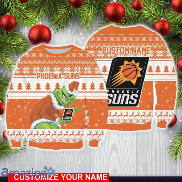 Phoenix Suns Grinch With Logo Ugly Christmas Sweater Custom Name For Fans Product Photo 1