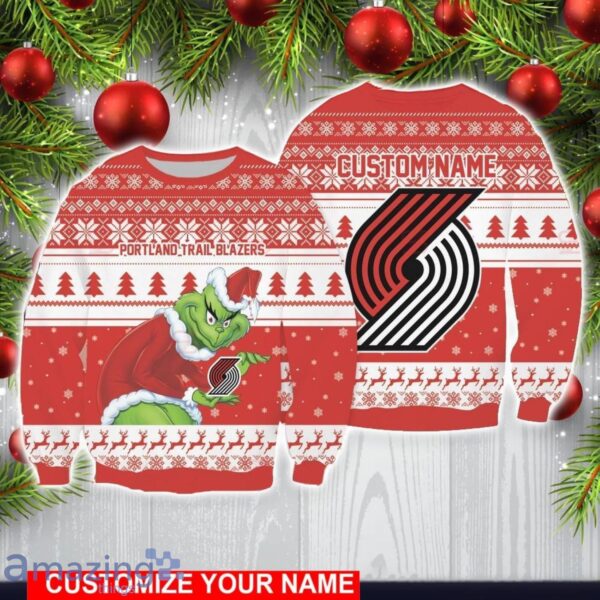 Portland Trail Blazers Grinch With Logo Ugly Christmas Sweater Custom Name For Fans Product Photo 1