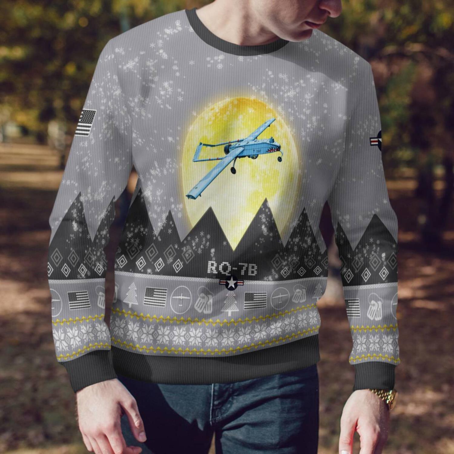 RQ 7B RQ7B Aircraft Moonlight And Mountain Pattern Ugly Christmas Sweater Aircraft Lovers Christmas Gift image RQ-7B RQ7B Aircraft Moonlight And Mountain Pattern Ugly Christmas Sweater Aircraft Lovers Christmas Gift Product Photo 3